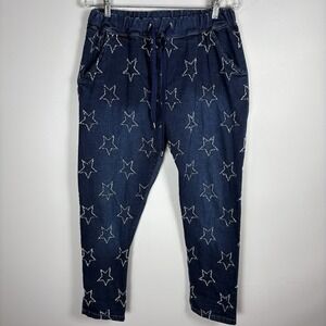Bella Amore Womens L/XL Blue Drawstring Elastic Waist Star Dark Wash Denim Pants